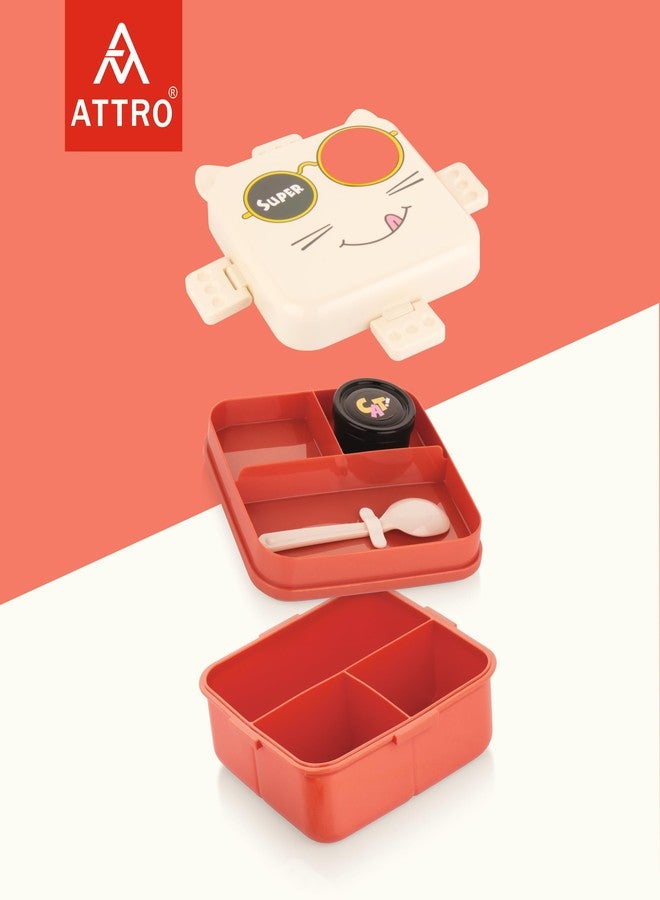 ATTRO Festive Super Cat Lunch Box 2 Layer Plastic Lunch Box Comes with 1 Detachable Tray, 1 Small Container & 1 Spoon Ideal for Kids BPA Free 1590ml+70ml- Cream Red - Image 3